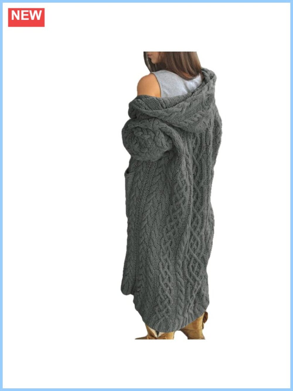 Women's Long Cable Knit Cardigan Open Front Hooded Sweater with Pockets